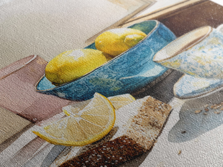 Lemons and Blue Ceramic Bowl Still Life Canvas Print, Kitchen Art, Boho Decor, Kitchen Decor, Fine Art, Kitchen, Wall Decor, KIT-1x1-98