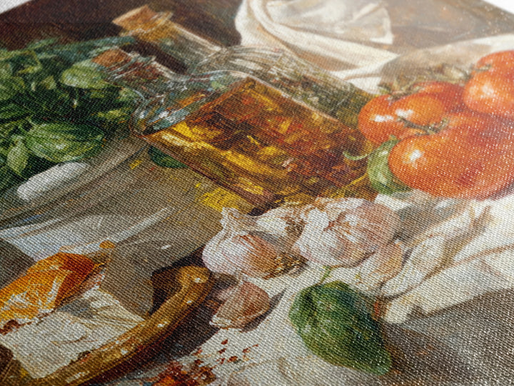 Tomatoes Garlic and Basil on Linen Canvas Print, Kitchen Art, Wall Art, Kitchen Decor, Fine Art, Kitchen, Kitchen Wall Art, KIT-1x1-99