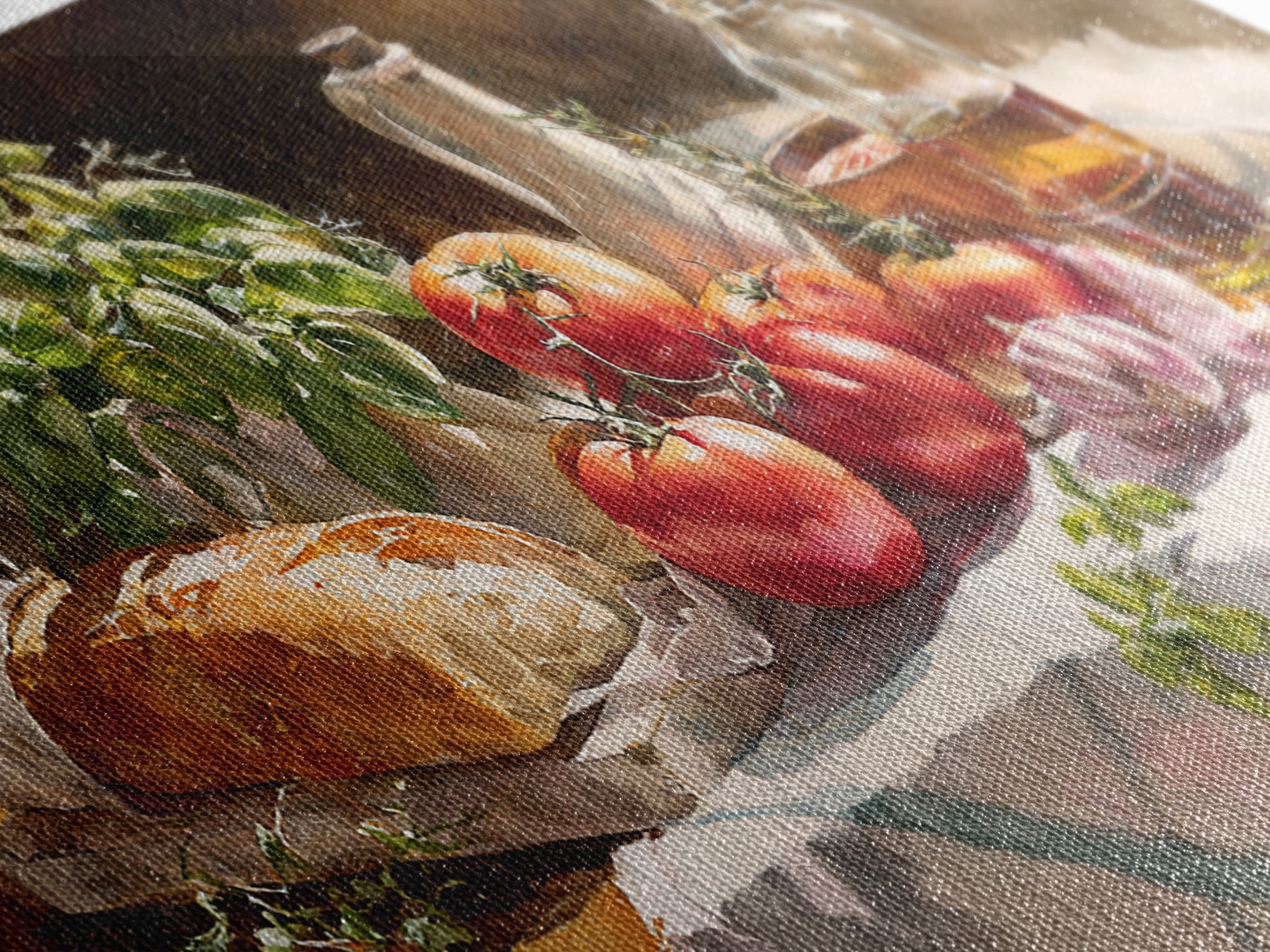 Tomatoes Garlic and Basil on Linen Framed Canvas Print, Kitchen Art, Print, Kitchen Decor, Abstract Art, Kitchen, KIT-2x1-23