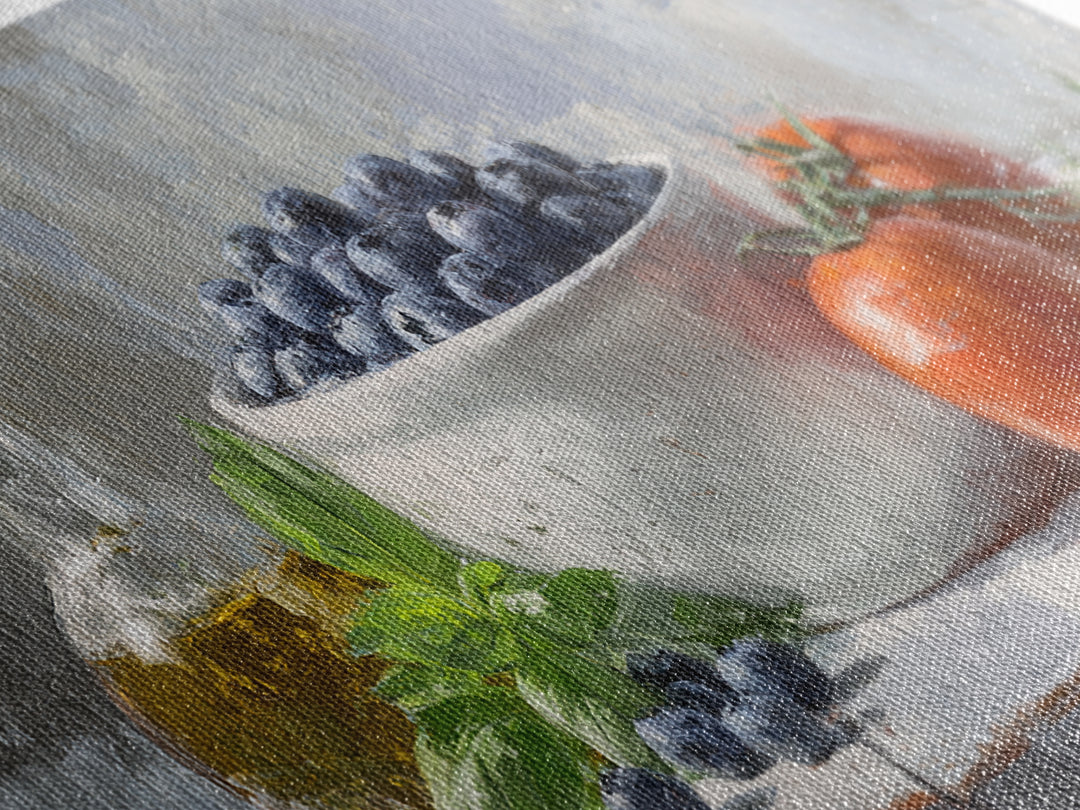 Blueberries in a White Bowl Canvas Print, Kitchen Art, Wall Decor, Kitchen Decor, Oil Painting, Kitchen, Kitchen Wall Decor, KIT-2x1-39