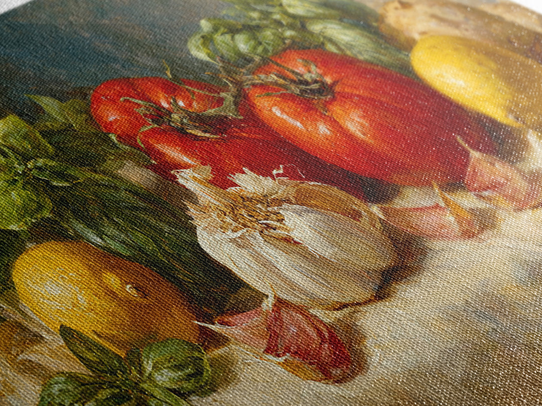 Tomatoes Garlic and Basil on Linen Canvas Print, Kitchen Art, Kitchen Decor, Abstract Art, Kitchen, Trendy Wall Art, KIT-2x1-47