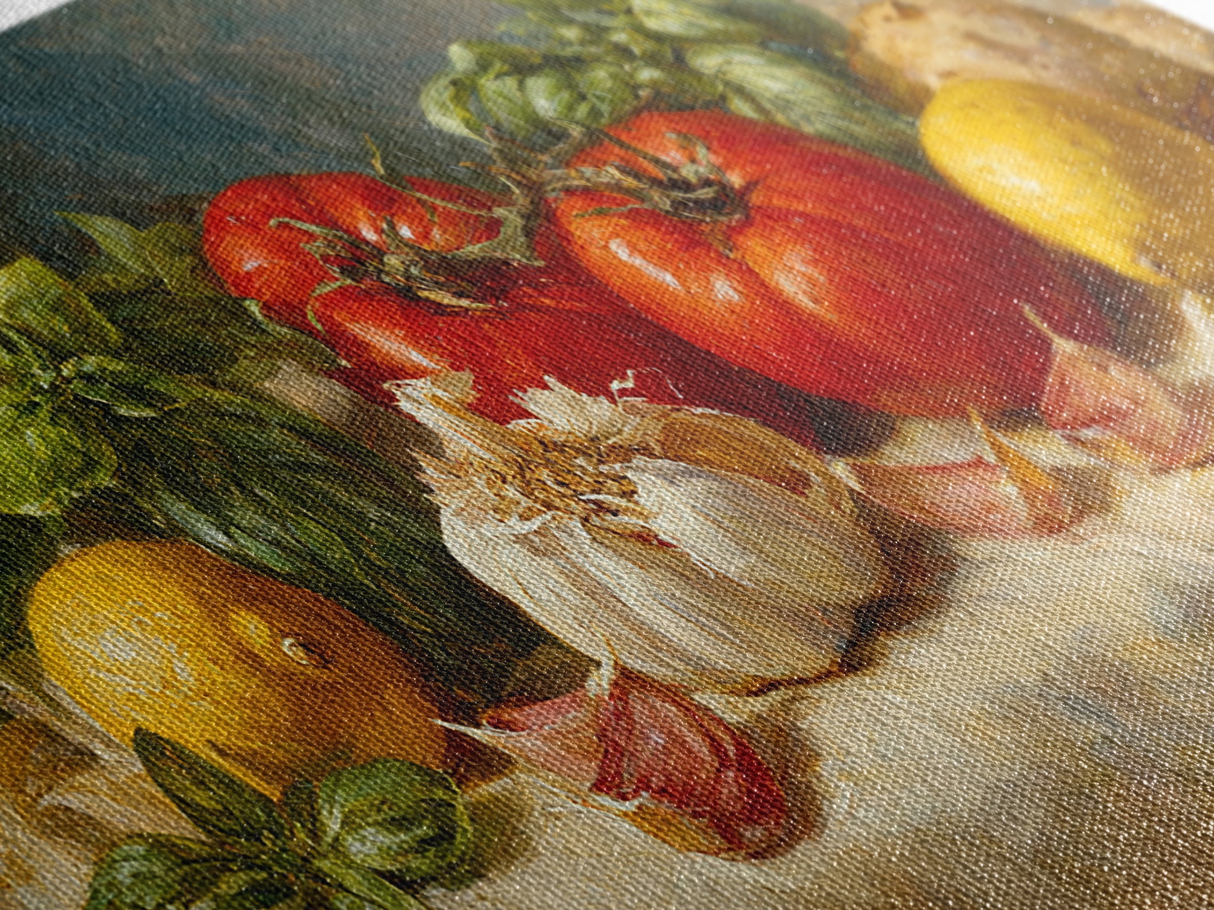 Tomatoes Garlic and Basil on Linen Canvas Print, Kitchen Art, Kitchen Decor, Abstract Art, Kitchen, Trendy Wall Art, KIT-2x1-47