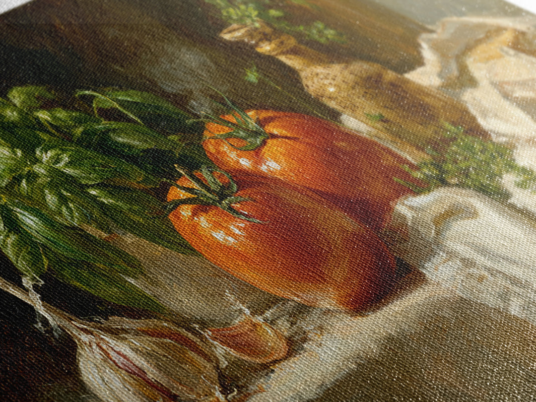 Tomatoes Garlic and Basil on Linen Canvas Print, Kitchen Art, Poster Art, Kitchen Decor, Fine Art, Kitchen, Boho Decor, KIT-2x1-71