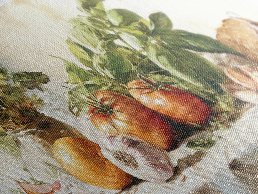 Tomatoes Garlic and Basil on Linen Framed Canvas Print, Kitchen Art, Kitchen Art Print, Kitchen Decor, Fine Art, Kitchen, KIT-2x1-95