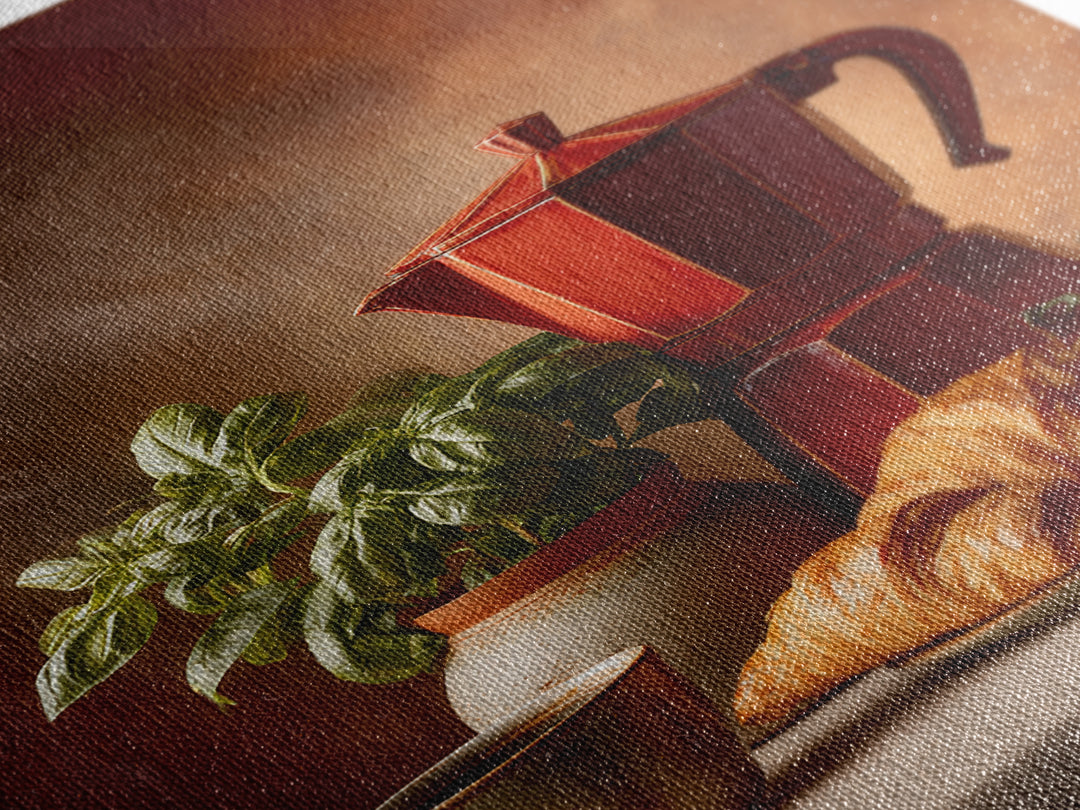 Coffee Pot and Croissant Morning Still Life Canvas Print, Kitchen Art, Gallery Decor, Kitchen Decor, Fine Art, Kitchen, KIT-2x3-15