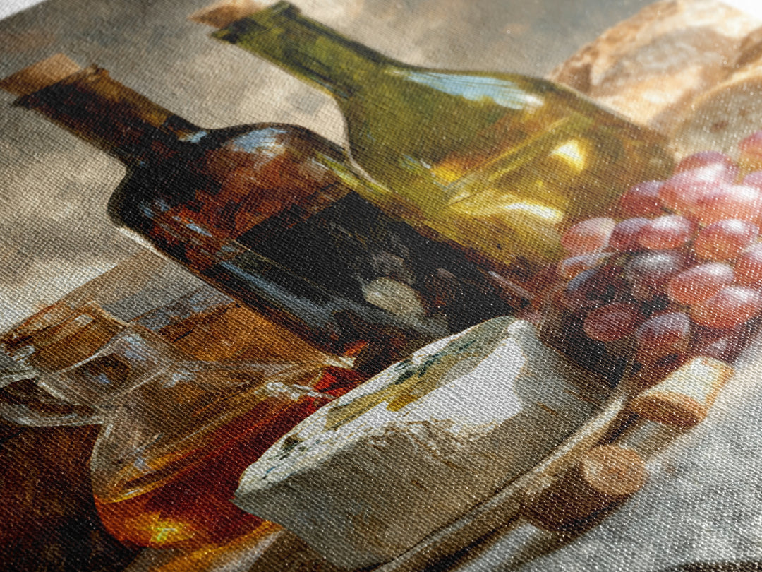 Wine Bottle Grapes and Cheese Still Life Framed Canvas Print, Kitchen Art, Print, Kitchen Decor, Oil Painting, Kitchen, KIT-2x3-20