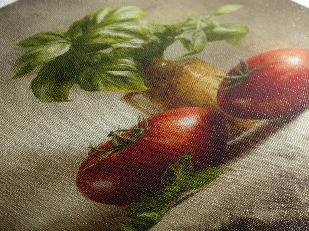 Tomatoes Garlic and Basil on Linen Framed Canvas Print, Kitchen Art, Kitchen, Kitchen Decor, Abstract Art, Kitchen, KIT-2x3-59