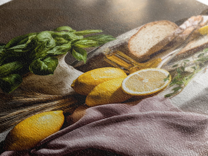 Pasta Lemons and Basil Mediterranean Still Life Framed Canvas Print, Kitchen Art, Kitchen Decor, Kitchen, Trendy Wall Art, KIT-2x3-73