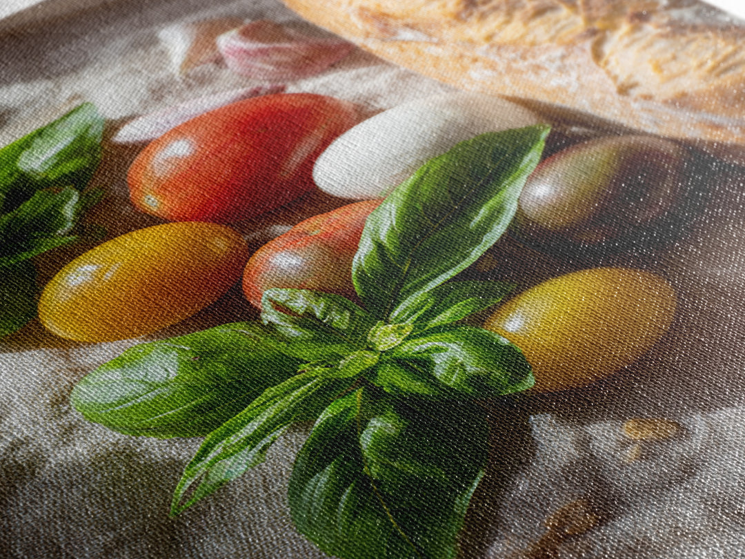 Tomatoes Garlic and Basil on Linen Framed Canvas Print, Kitchen Art, Printable Art, Kitchen Decor, Fine Art, Kitchen, KIT-2x3-83