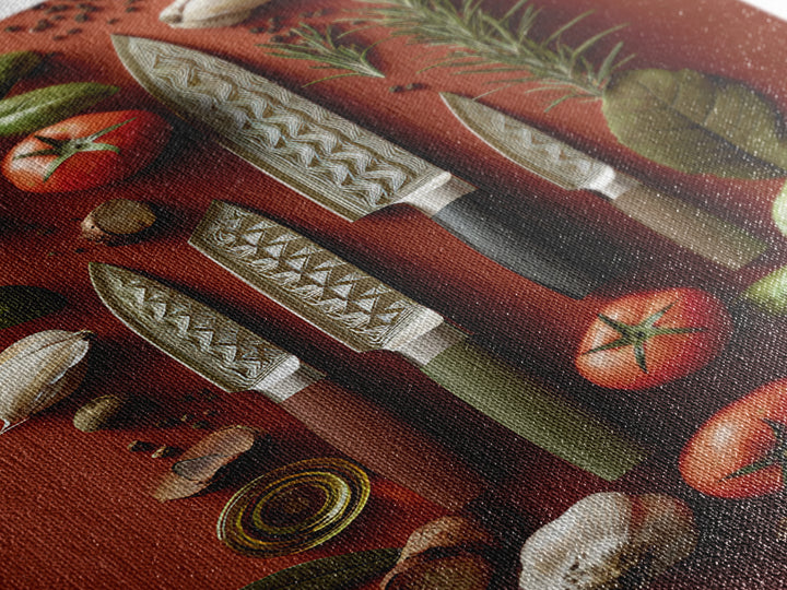 Chef Knives and Herbs Arranged as Graphic Framed Canvas Print, Kitchen Art, Art Prints, Kitchen Decor, Fine Art, Kitchen, KIT-2x3-90