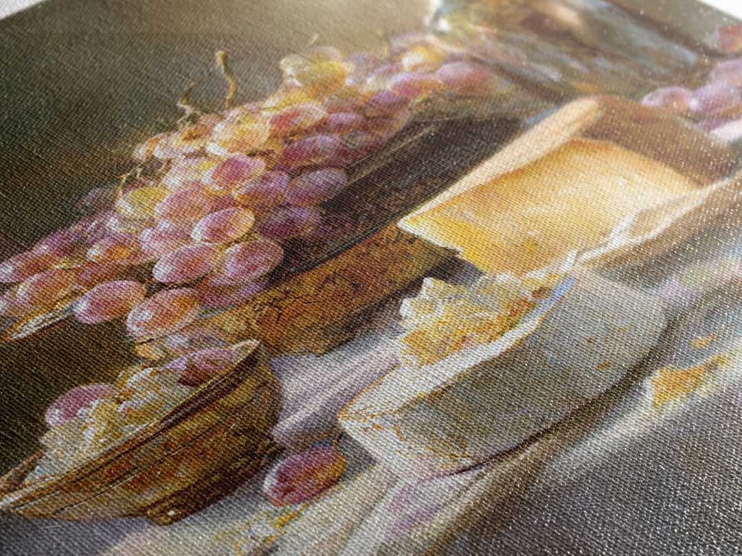 Wine Bottle Grapes and Cheese Still Life Framed Canvas Print, Kitchen Art, Gallery Decor, Kitchen Decor, Abstract Art, Kitchen, KIT-2x3-92