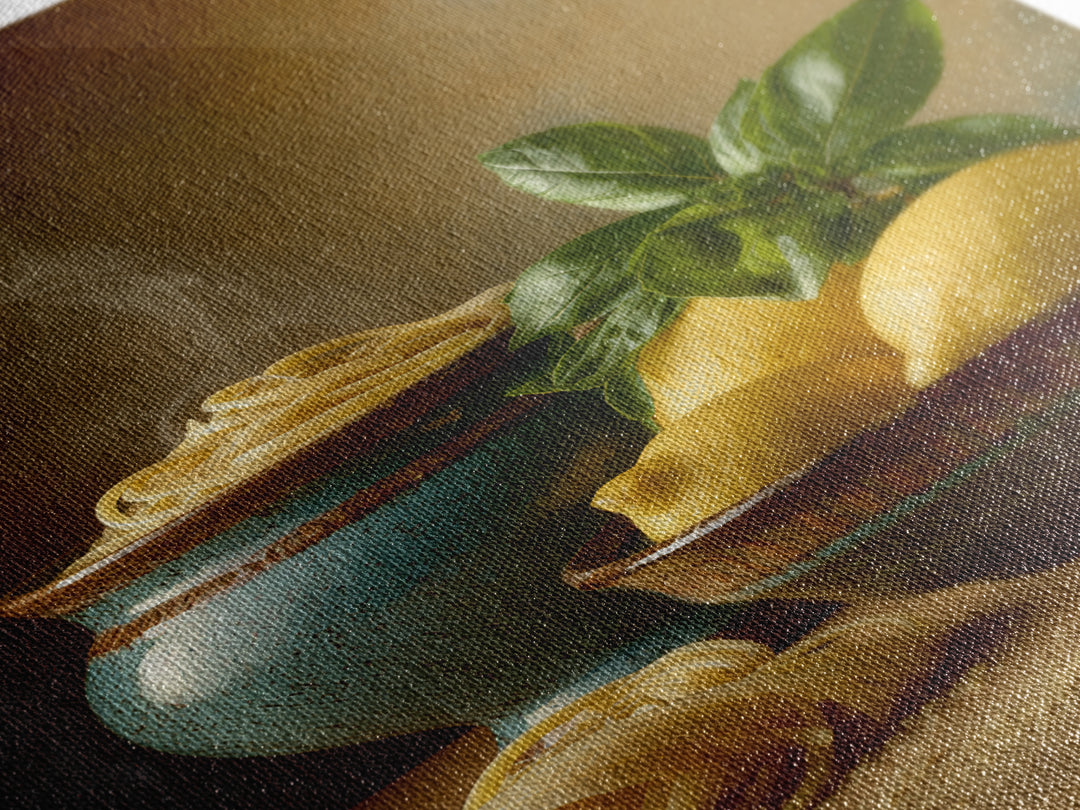 Pasta Lemons and Basil Mediterranean Still Life Framed Canvas Print, Kitchen Art, Kitchen Decor, Kitchen, Trendy Wall Art, KIT-2x3-97