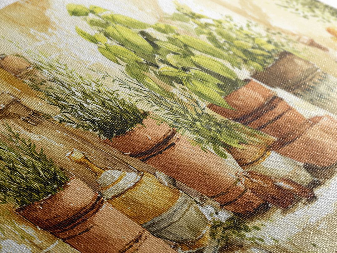 Fresh Herbs in Terracotta Pots Framed Canvas Print, Kitchen Art, Kitchen Art Print, Kitchen Decor, Oil Painting, Kitchen, KIT-3x1-89
