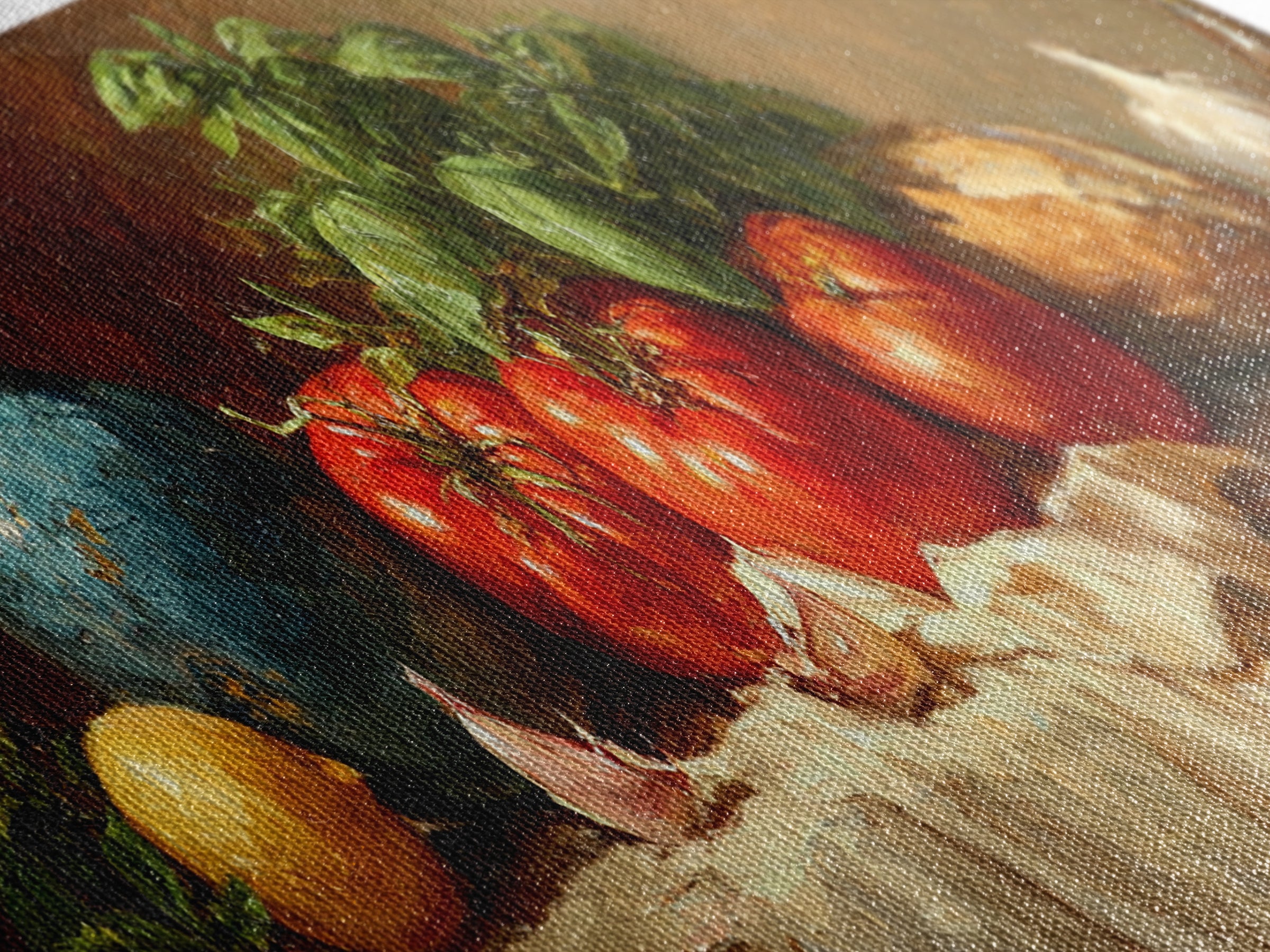 Tomatoes Garlic and Basil on Linen Canvas Print, Kitchen Art, Room Decor, Kitchen Decor, Abstract Art, Kitchen, Digital Art, KIT-3x1-91