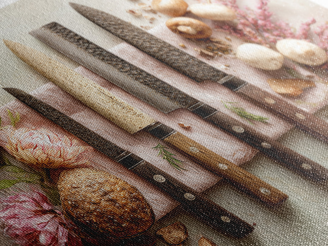 Chef Knives and Herbs Arranged as Graphic Framed Canvas Print, Kitchen Art, Art Prints, Kitchen Decor, Fine Art, Kitchen, KIT-3x2-14