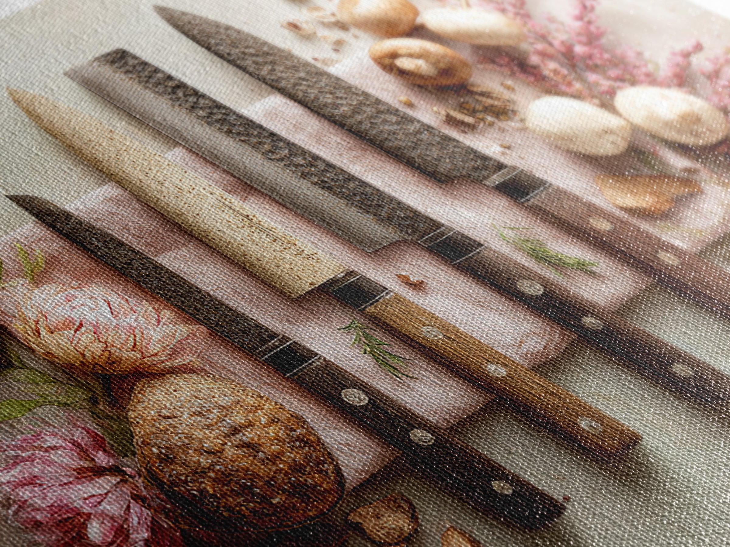 Chef Knives and Herbs Arranged as Graphic Framed Canvas Print, Kitchen Art, Art Prints, Kitchen Decor, Fine Art, Kitchen, KIT-3x2-14
