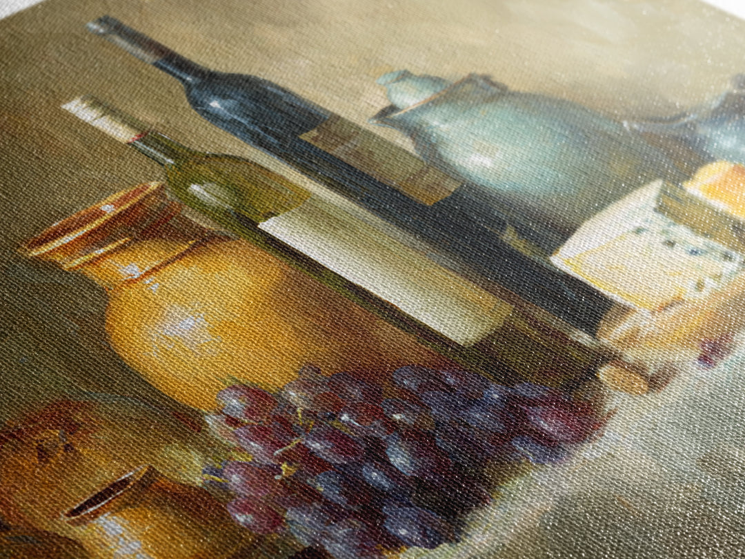 Wine Bottle Grapes and Cheese Still Life Canvas Print, Kitchen Art, Digital Print, Kitchen Decor, Watercolor Art, Kitchen, KIT-3x2-16