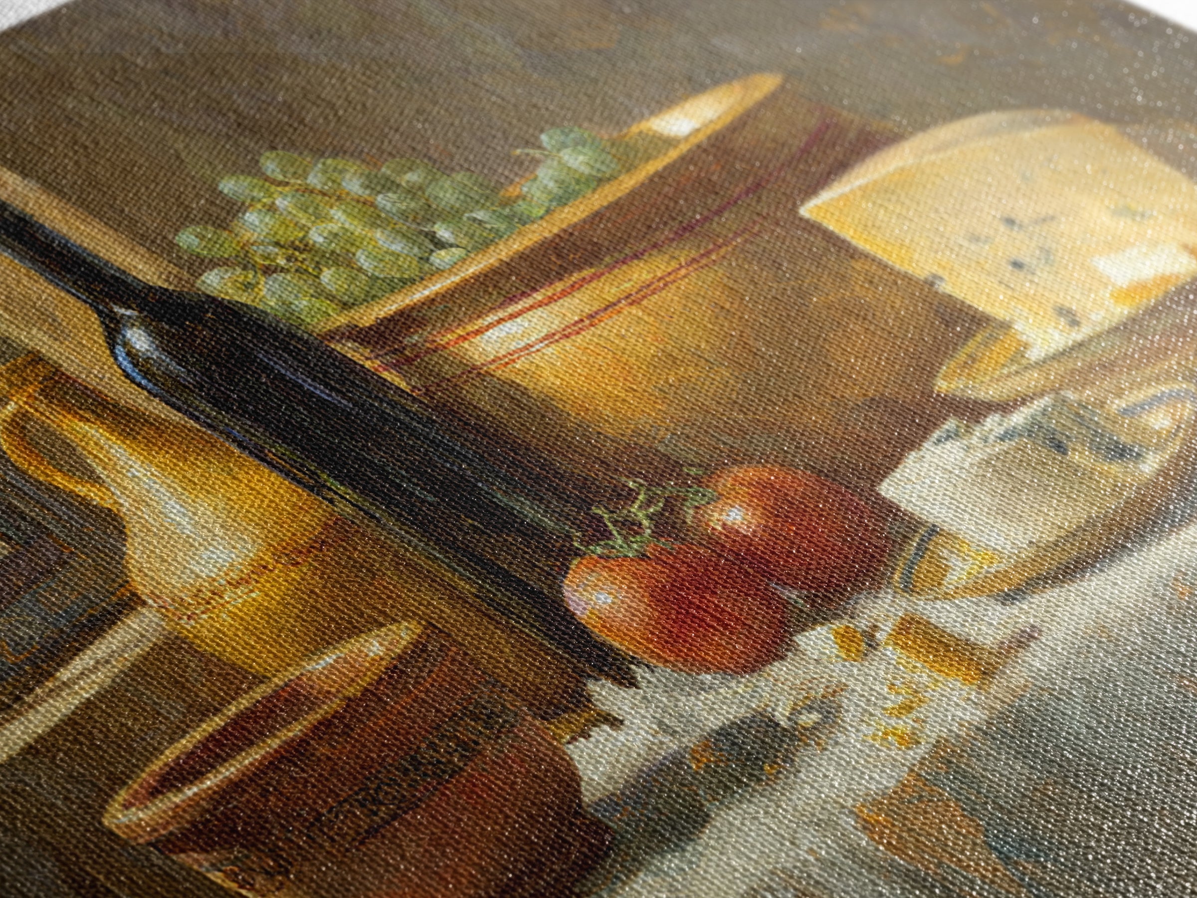 Wine Bottle Grapes and Cheese Still Life Framed Canvas Print, Kitchen Art, Modern Art, Kitchen Decor, Oil Painting, Kitchen, KIT-3x2-40