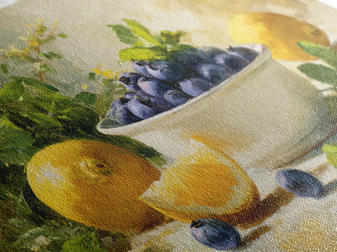 Blueberries in a White Bowl Framed Canvas Print, Kitchen Art, Room Decor, Kitchen Decor, Oil Painting, Kitchen, Digital Art, KIT-3x2-47