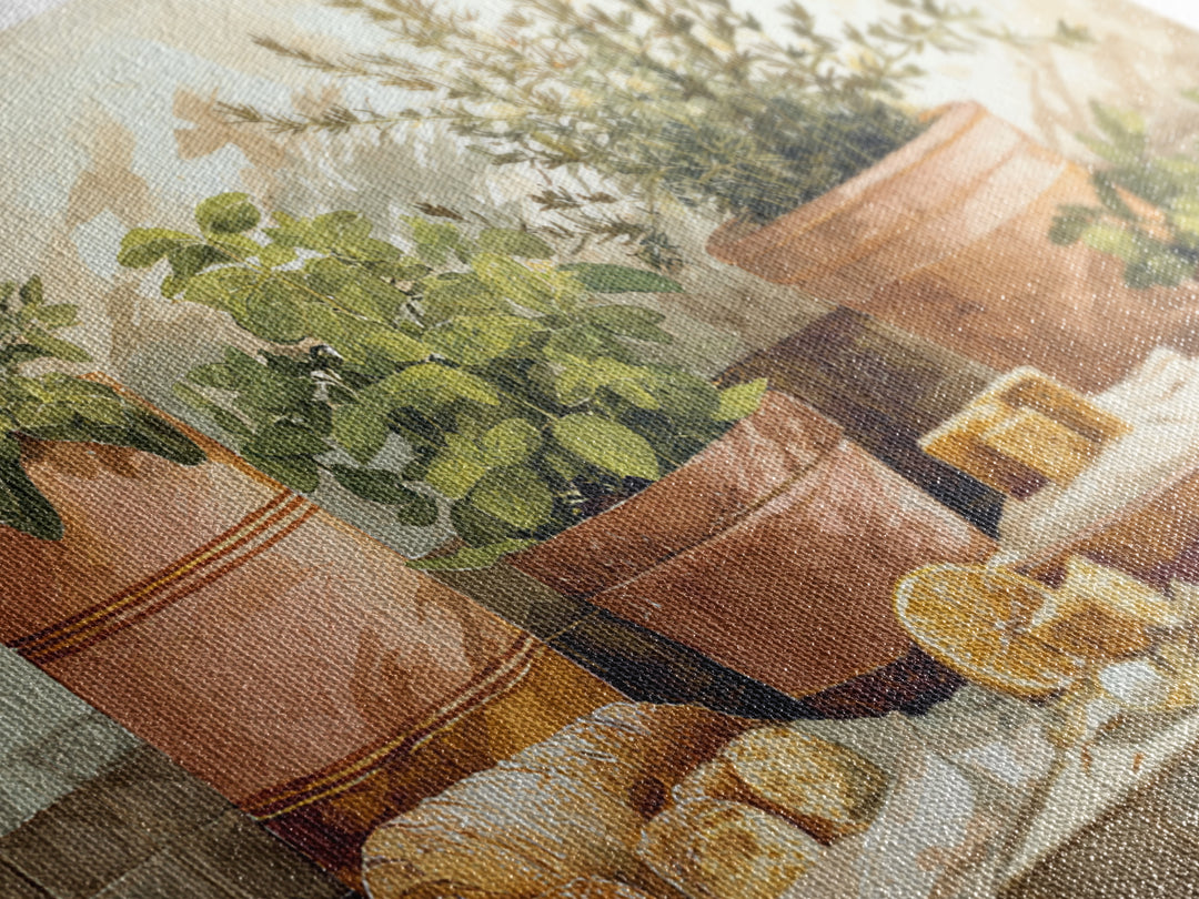 Fresh Herbs in Terracotta Pots Framed Canvas Print, Kitchen Art, Modern Art, Kitchen Decor, Fine Art, Kitchen, Neutral Decor, KIT-3x2-5