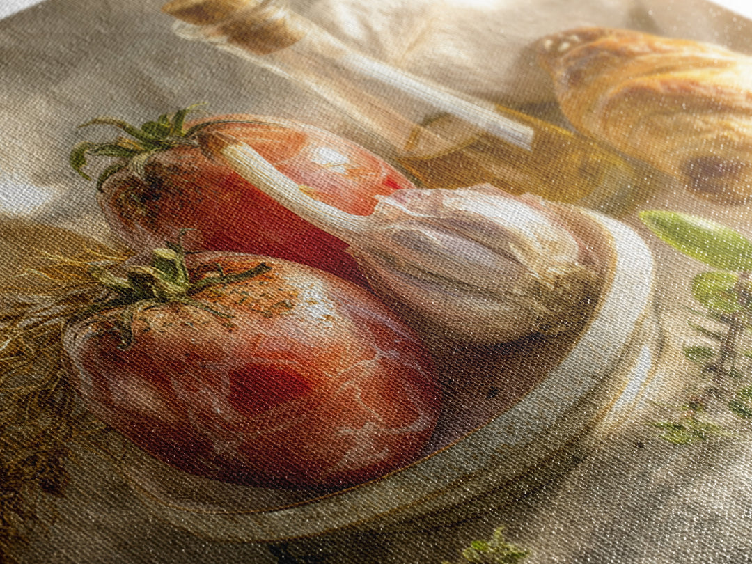 Tomatoes Garlic and Basil on Linen Framed Canvas Print, Kitchen Art, Kitchen, Kitchen Decor, Abstract Art, Kitchen, KIT-3x2-55