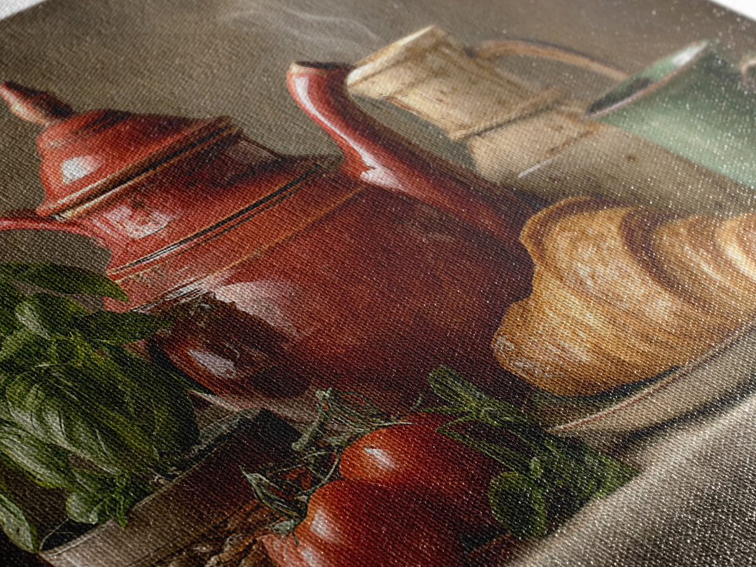 Coffee Pot and Croissant Morning Still Life Framed Canvas Print, Kitchen Art, Art Print, Kitchen Decor, Oil Painting, Kitchen, KIT-3x2-59