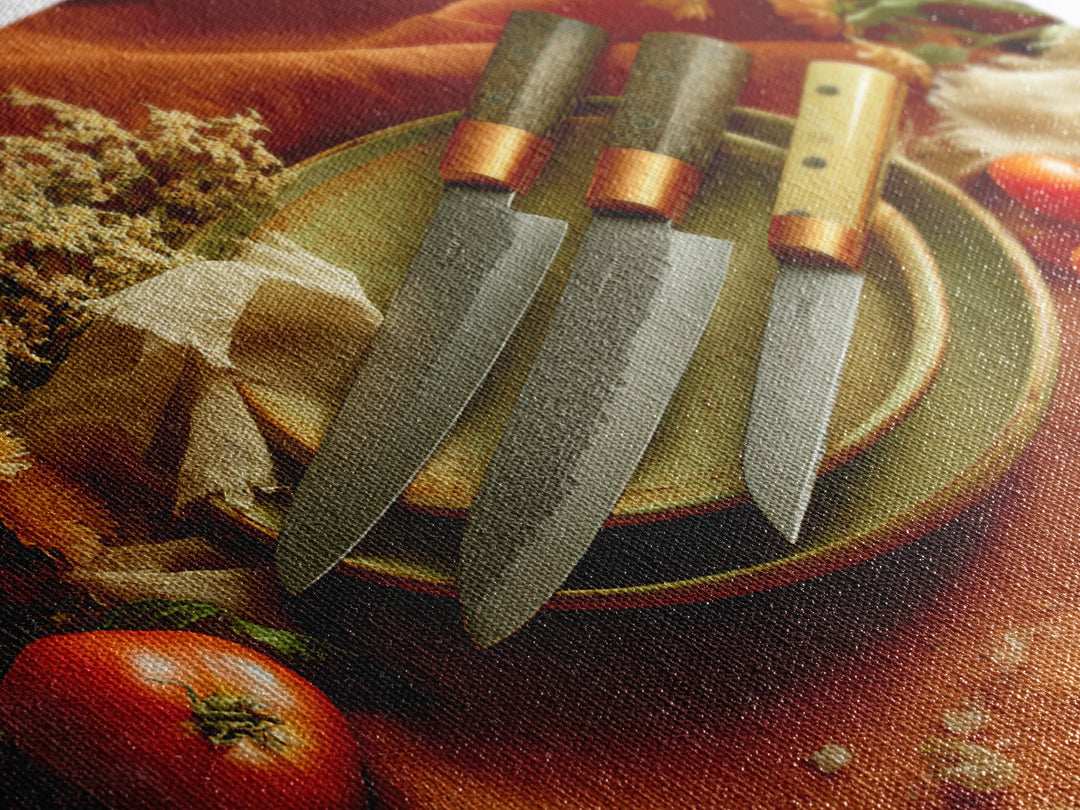 Chef Knives and Herbs Arranged as Graphic Canvas Print, Kitchen Art, Kitchen Wall Art, Kitchen Decor, Fine Art, Kitchen, KIT-3x2-62