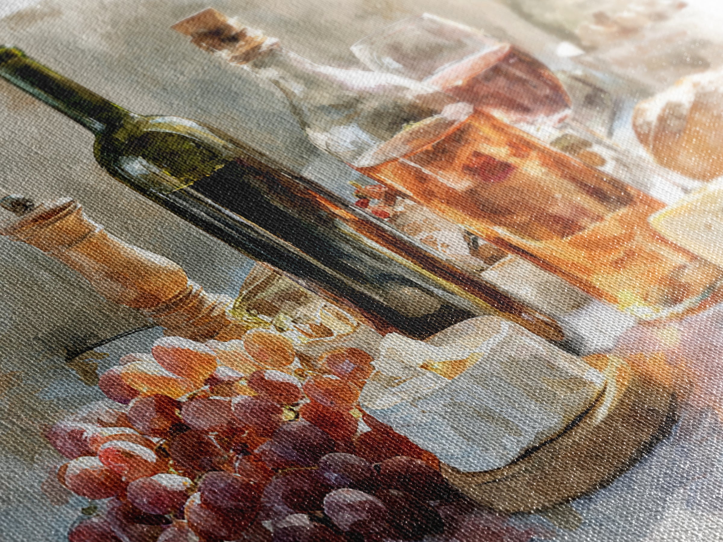 Wine Bottle Grapes and Cheese Still Life Framed Canvas Print, Kitchen Art, Gallery Decor, Kitchen Decor, Abstract Art, Kitchen, KIT-3x2-64
