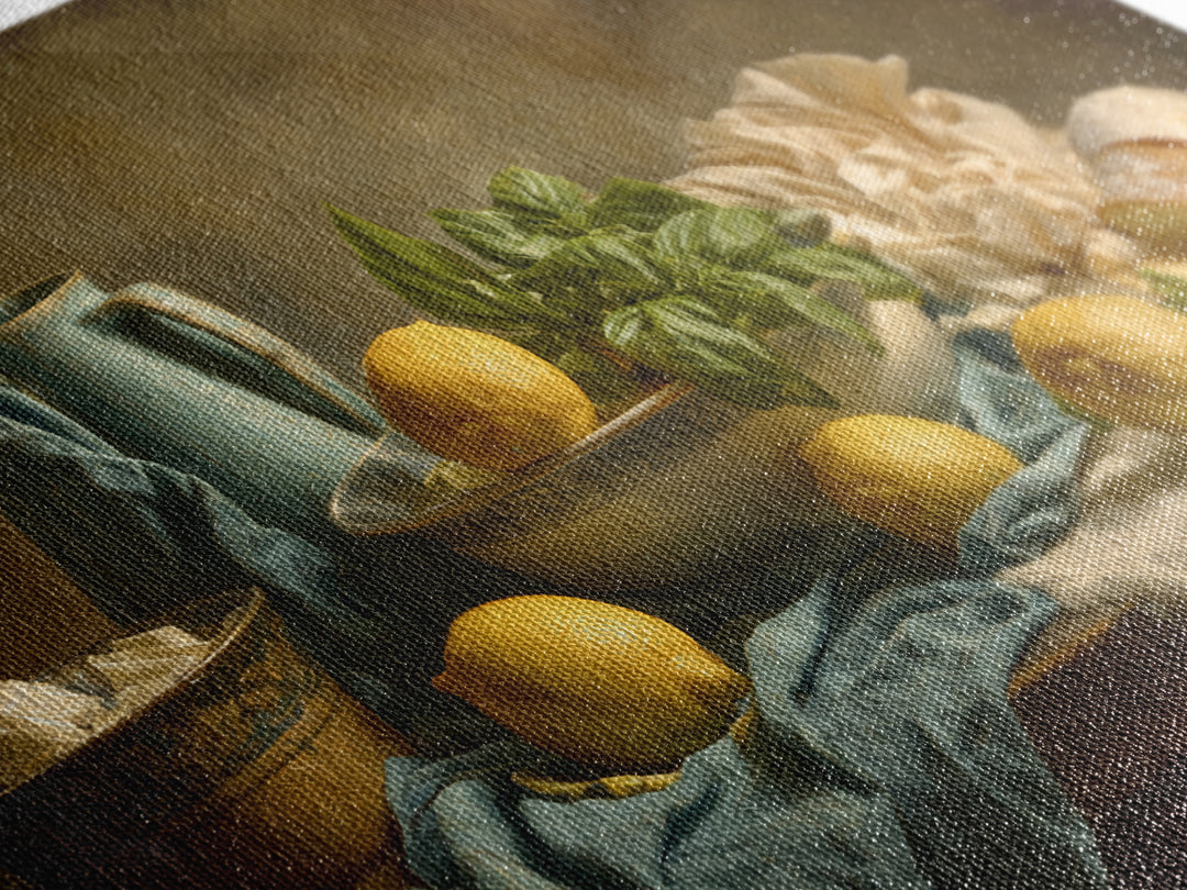 Pasta Lemons and Basil Mediterranean Still Life Framed Canvas Print, Kitchen Art, Poster Art, Kitchen Decor, Fine Art, Kitchen, KIT-3x2-69