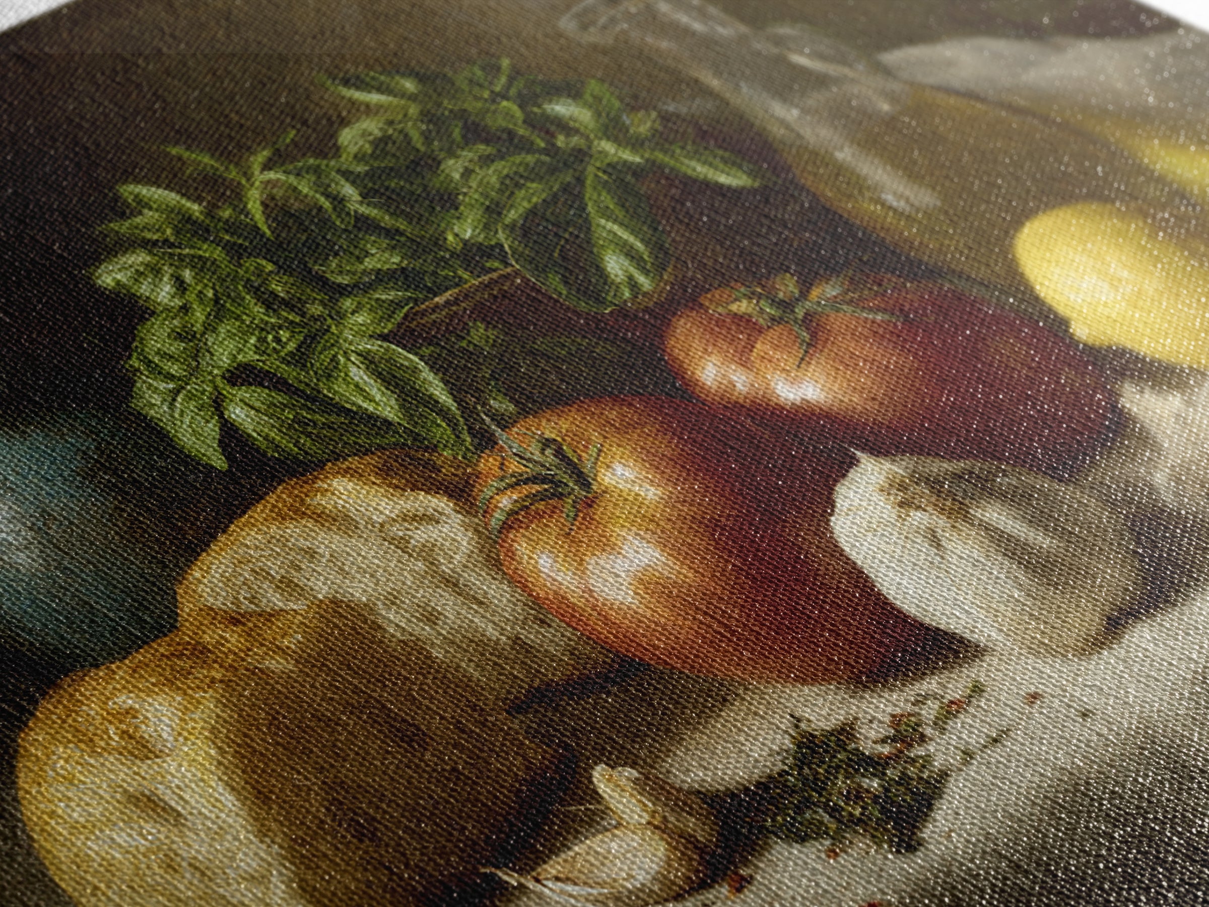 Tomatoes Garlic and Basil on Linen Framed Canvas Print, Kitchen Art, Kitchen Print, Kitchen Decor, Abstract Art, Kitchen, KIT-3x2-79