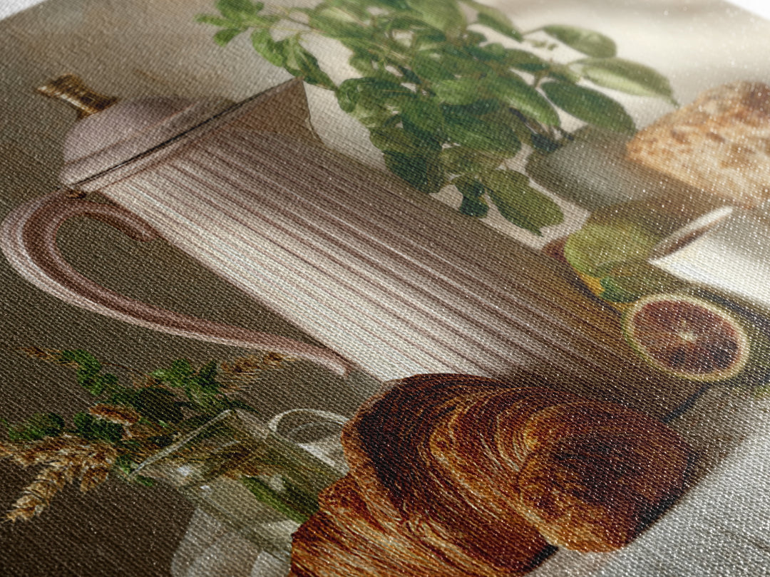 Coffee Pot and Croissant Morning Still Life Canvas Print, Kitchen Art, Wall Art, Kitchen Decor, Kitchen, Kitchen Wall Art, KIT-3x2-83