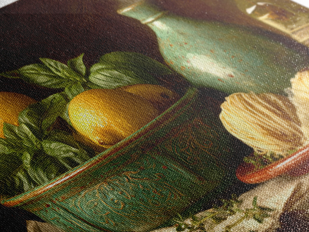 Pasta Lemons and Basil Mediterranean Still Life Canvas Print, Kitchen Art, Kitchen Art Print, Kitchen Decor, Fine Art, Kitchen, KIT-3x2-93