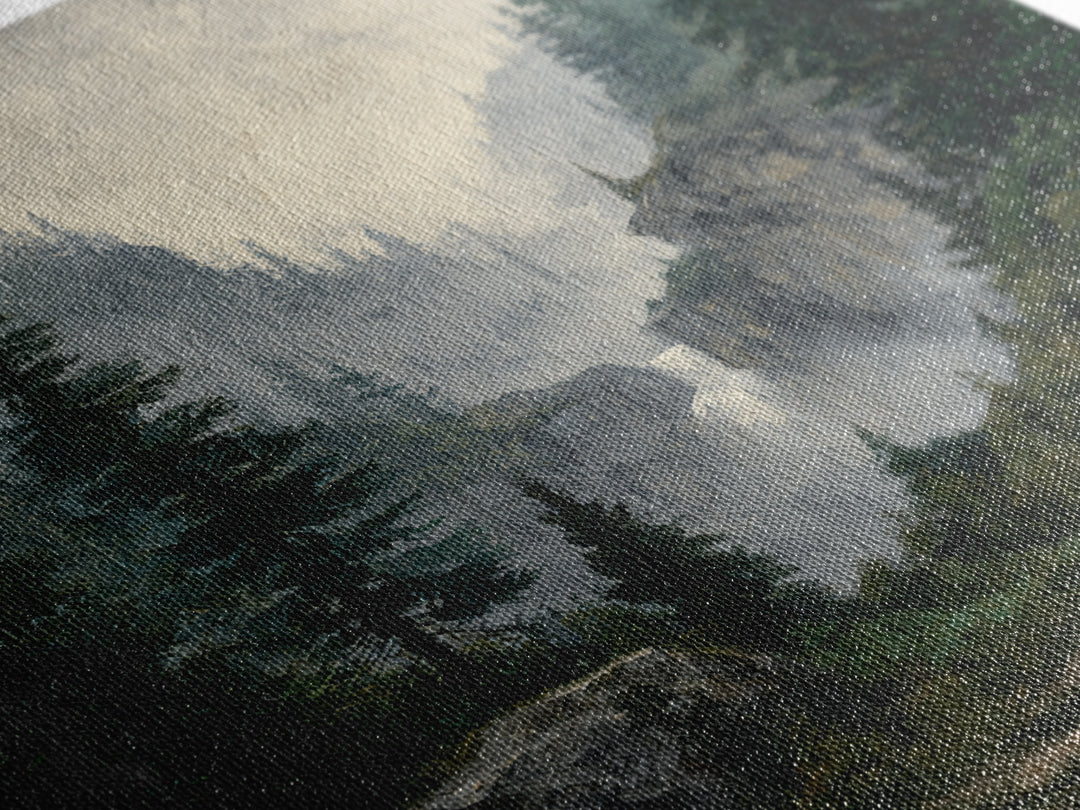 Waterfall Hidden in Dense Forest Framed Canvas Print, Landscape Art, Decor, Living Room Decor, Oil Painting, Horizon, LAN-1x1-12
