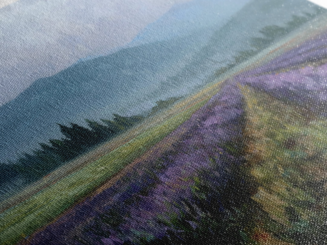 Lavender Field Leading to Distant Hills Framed Canvas Print, Landscape Art, Modern Art, Living Room Decor, Watercolor Art, LAN-1x1-34