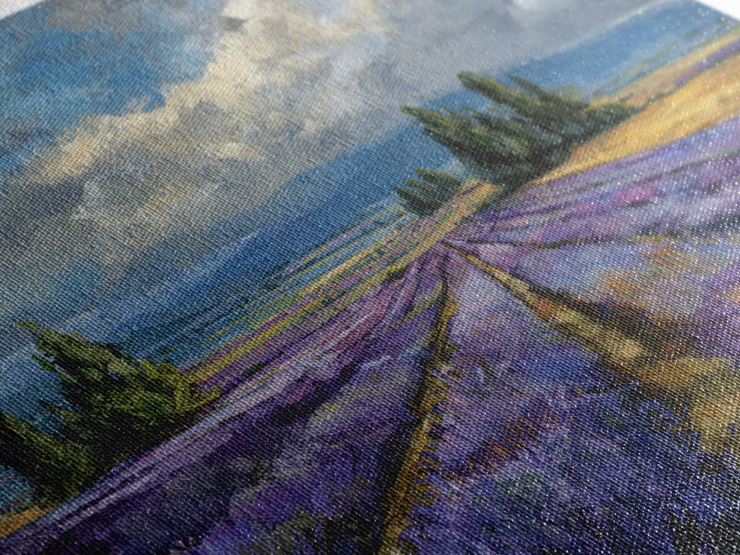 Lavender Field Leading to Distant Hills Framed Canvas Print, Landscape Art, Modern Art, Living Room Decor, Watercolor Art, LAN-1x1-58