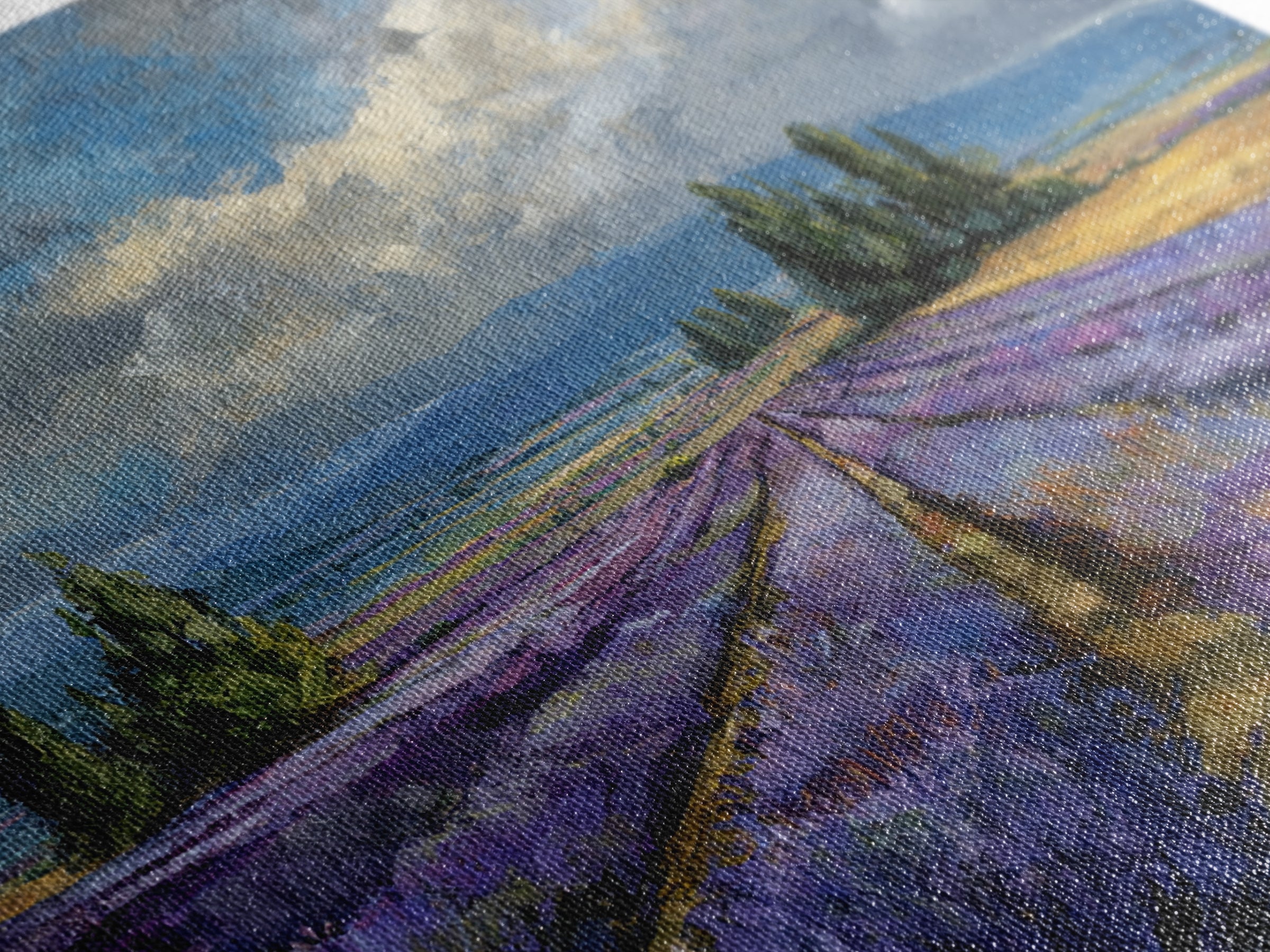Lavender Field Leading to Distant Hills Framed Canvas Print, Landscape Art, Modern Art, Living Room Decor, Watercolor Art, LAN-1x1-58