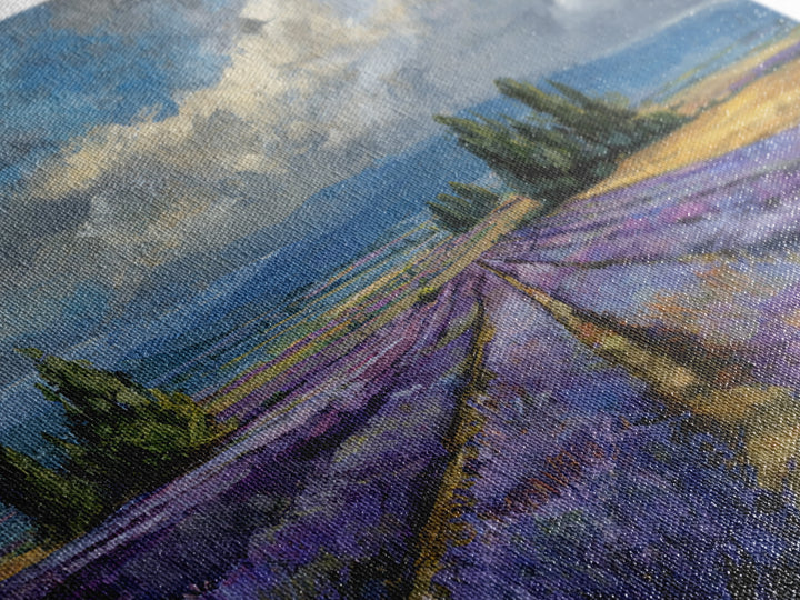 Lavender Field Leading to Distant Hills Framed Canvas Print, Landscape Art, Modern Art, Living Room Decor, Watercolor Art, LAN-1x1-58