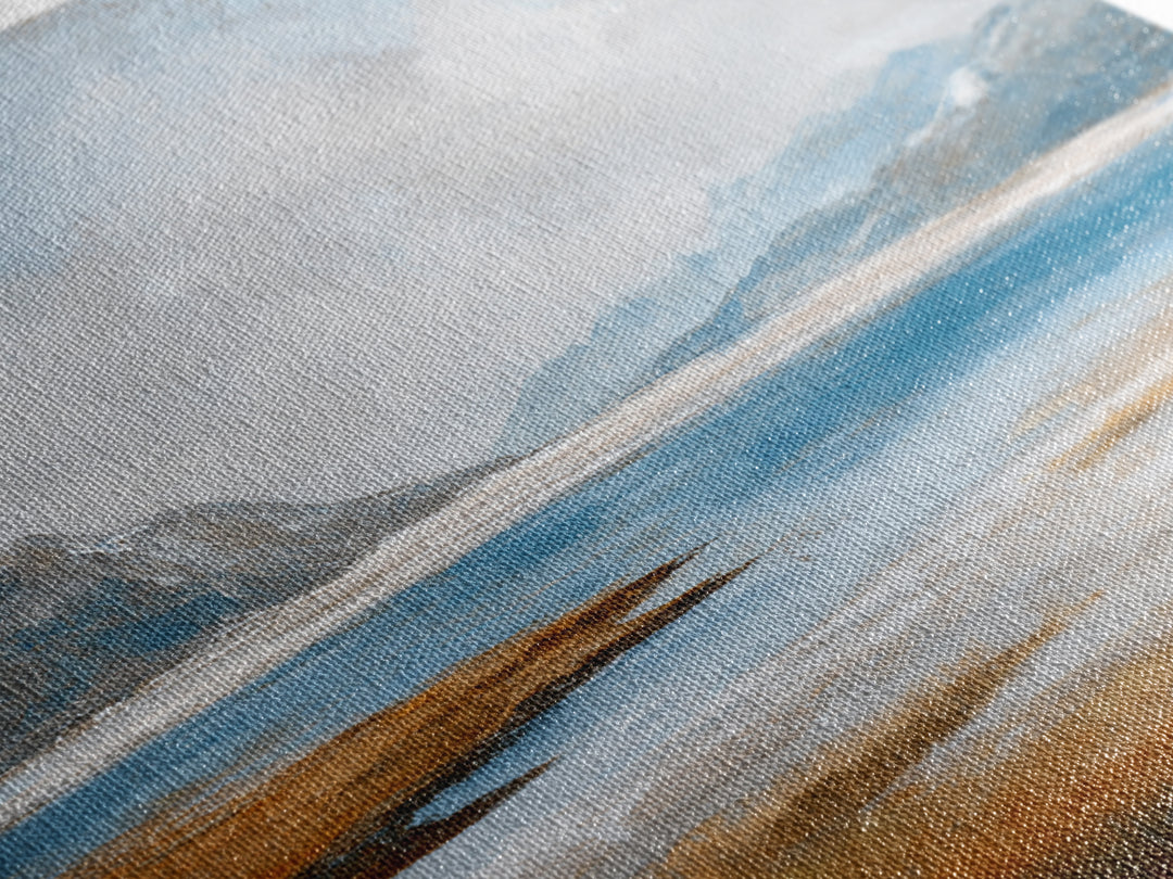 Fjord Landscape with Icy Blue Water Framed Canvas Print, Landscape Art, Neutral Decor, Living Room Decor, Oil Painting, Horizon, LAN-1x1-63