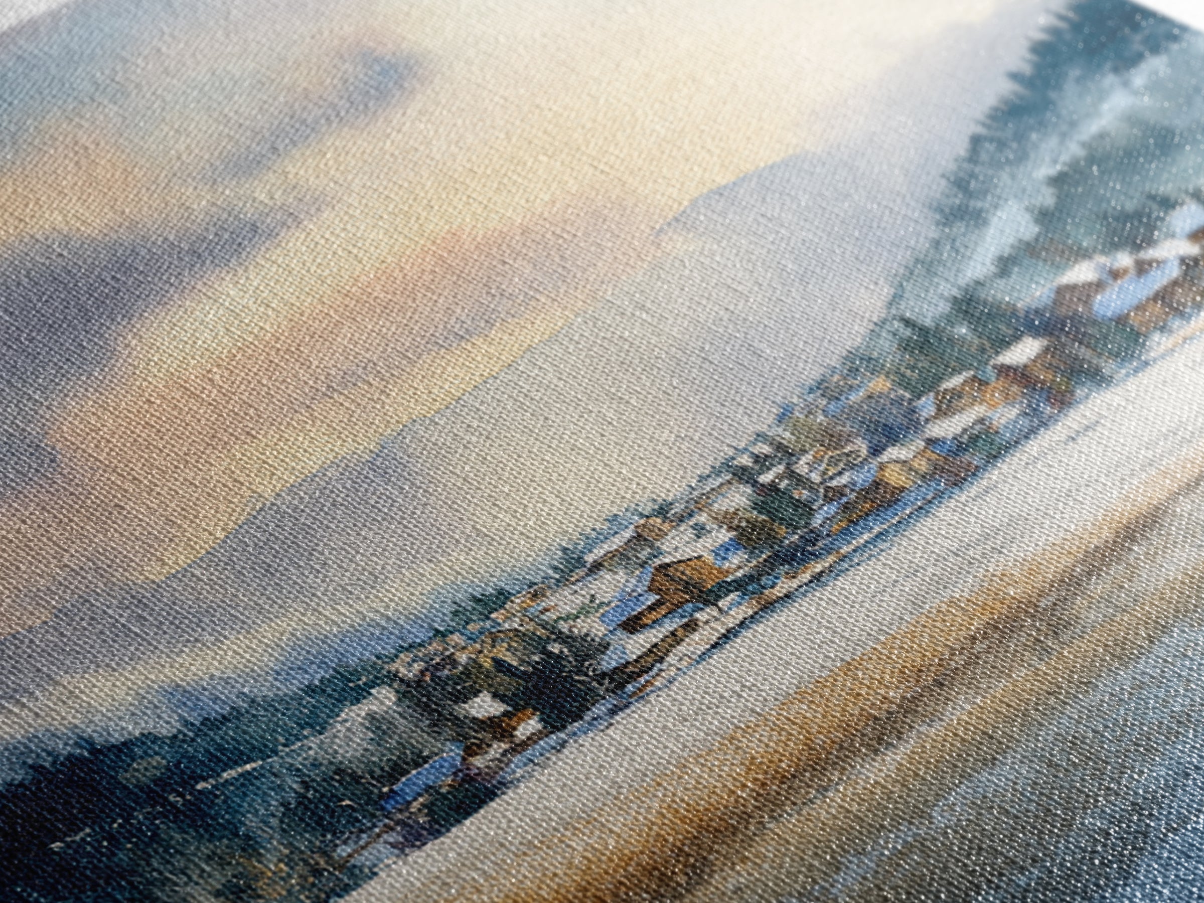 Snow Covered Alpine Village at Dusk Framed Canvas Print, Landscape Art, Framed Wall Art, Living Room Decor, Oil Painting, LAN-1x1-7