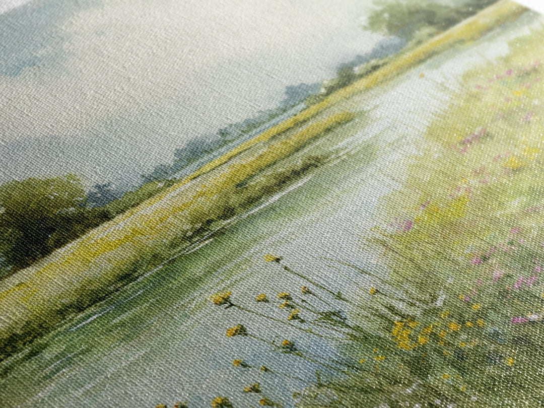 Sunlit Meadow with Wildflowers Canvas Print, Landscape Art, Minimalist Decor, Living Room Decor, Oil Painting, Horizon, LAN-1x1-85