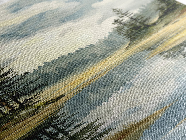 Quiet Lake Reflecting Pine Forest Framed Canvas Print, Landscape Art, Abstract Wall Art, Living Room Decor, Fine Art, Horizon, LAN-1x3-64