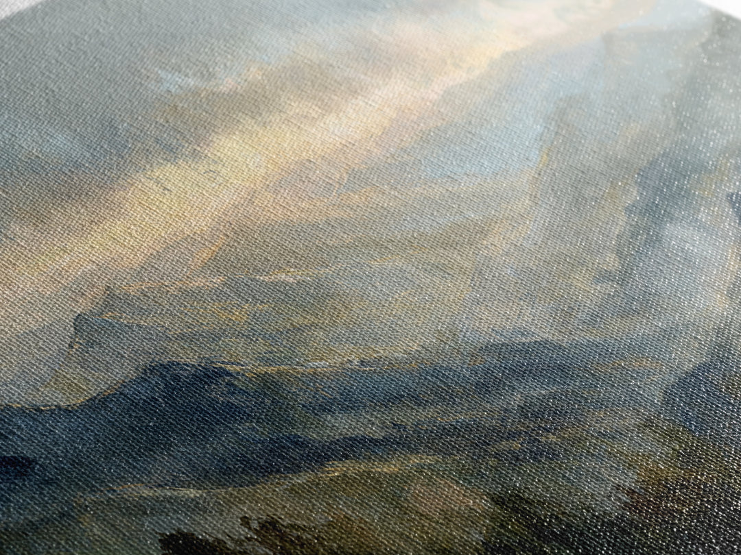 Misty Mountain Valley at Sunrise Canvas Print, Landscape Art, Digital Art, Living Room Decor, Fine Art, Horizon, Boho Wall Art, LAN-2x1-21
