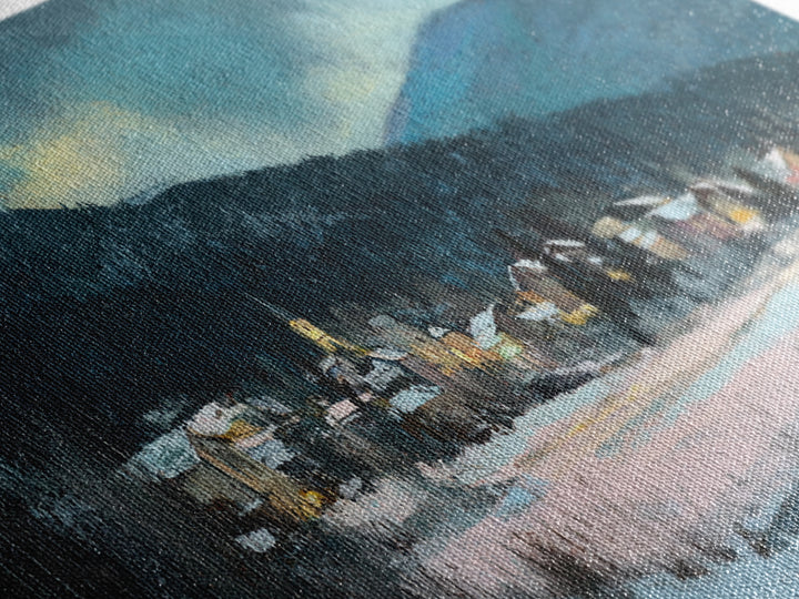 Snow Covered Alpine Village at Dusk Framed Canvas Print, Landscape Art, Boho Decor, Living Room Decor, Fine Art, Horizon, LAN-2x1-27
