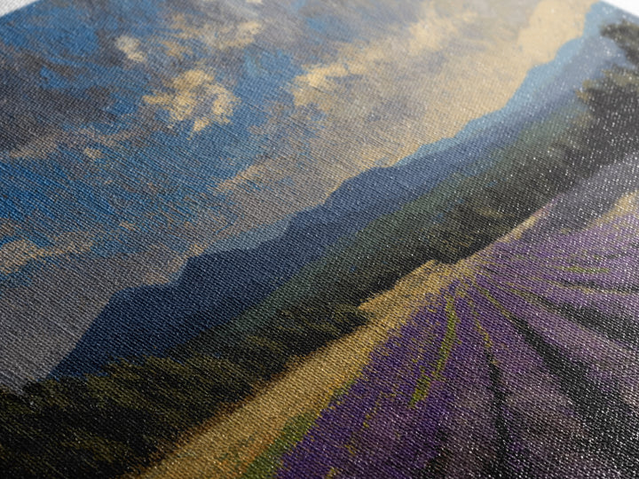 Lavender Field Leading to Distant Hills Framed Canvas Print, Landscape Art, Minimalist Decor, Living Room Decor, Oil Painting, LAN-2x1-30