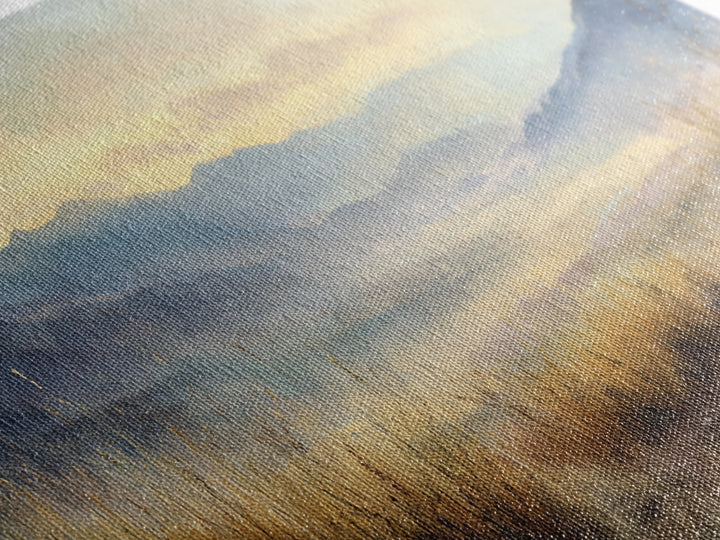 Misty Mountain Valley at Sunrise Framed Canvas Print, Landscape Art, Framed Wall Art, Living Room Decor, Oil Painting, Horizon, LAN-2x1-45