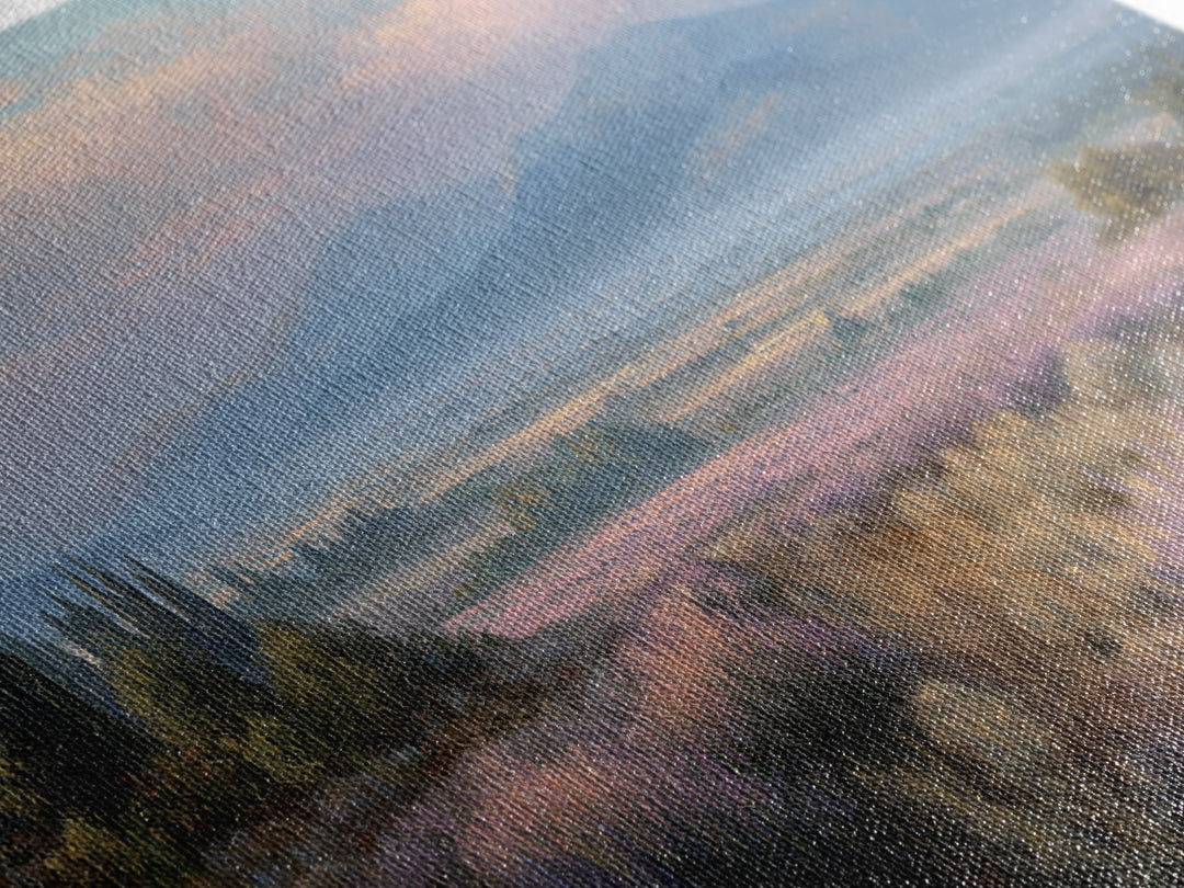 Lavender Field Leading to Distant Hills Framed Canvas Print, Landscape Art, Minimalist Decor, Living Room Decor, Oil Painting, LAN-2x1-6