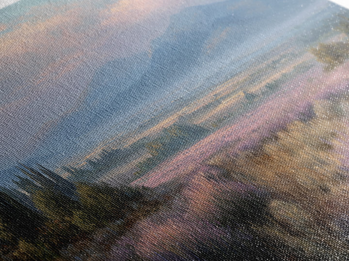 Lavender Field Leading to Distant Hills Framed Canvas Print, Landscape Art, Minimalist Decor, Living Room Decor, Oil Painting, LAN-2x1-6