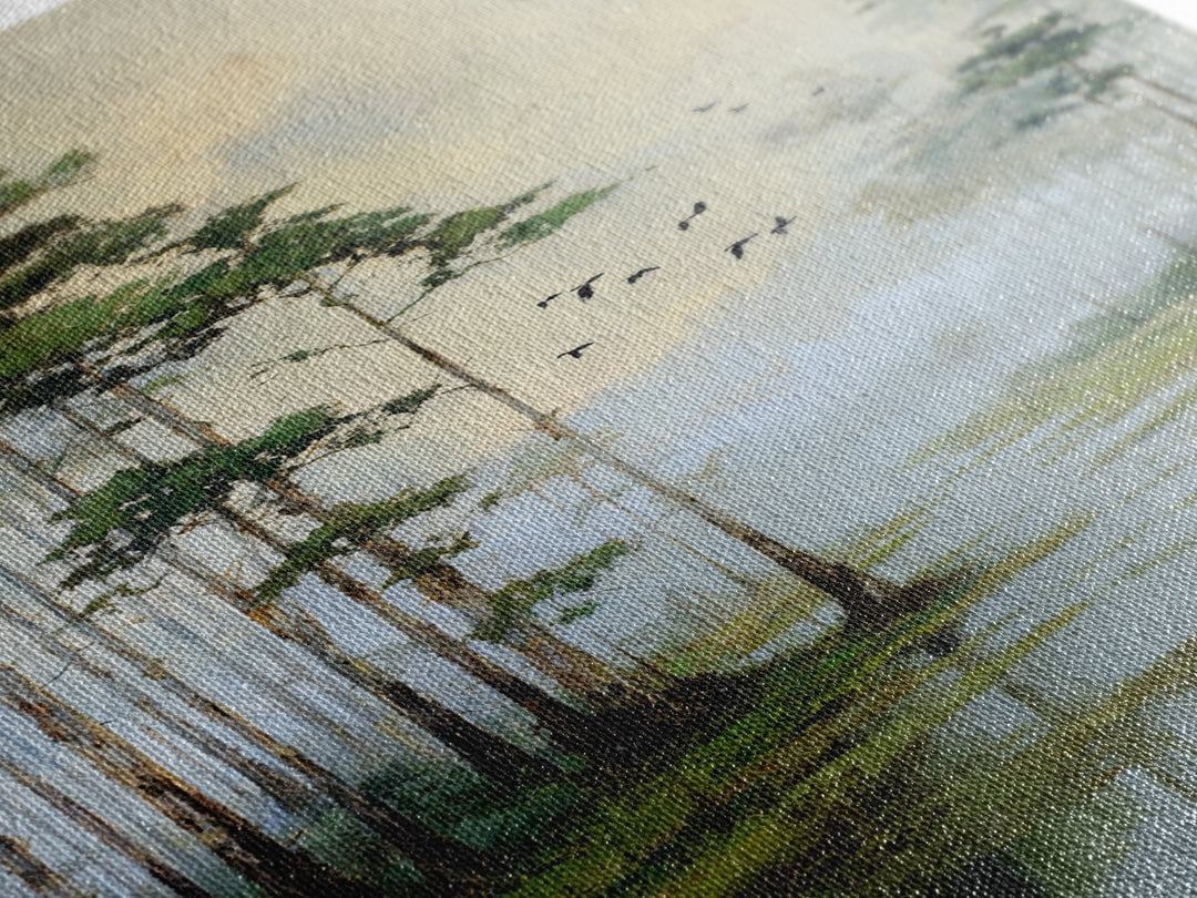Misty Cypress Swamp Framed Canvas Print, Landscape Art, Minimalist Decor, Living Room Decor, Oil Painting, Horizon, LAN-2x3-6