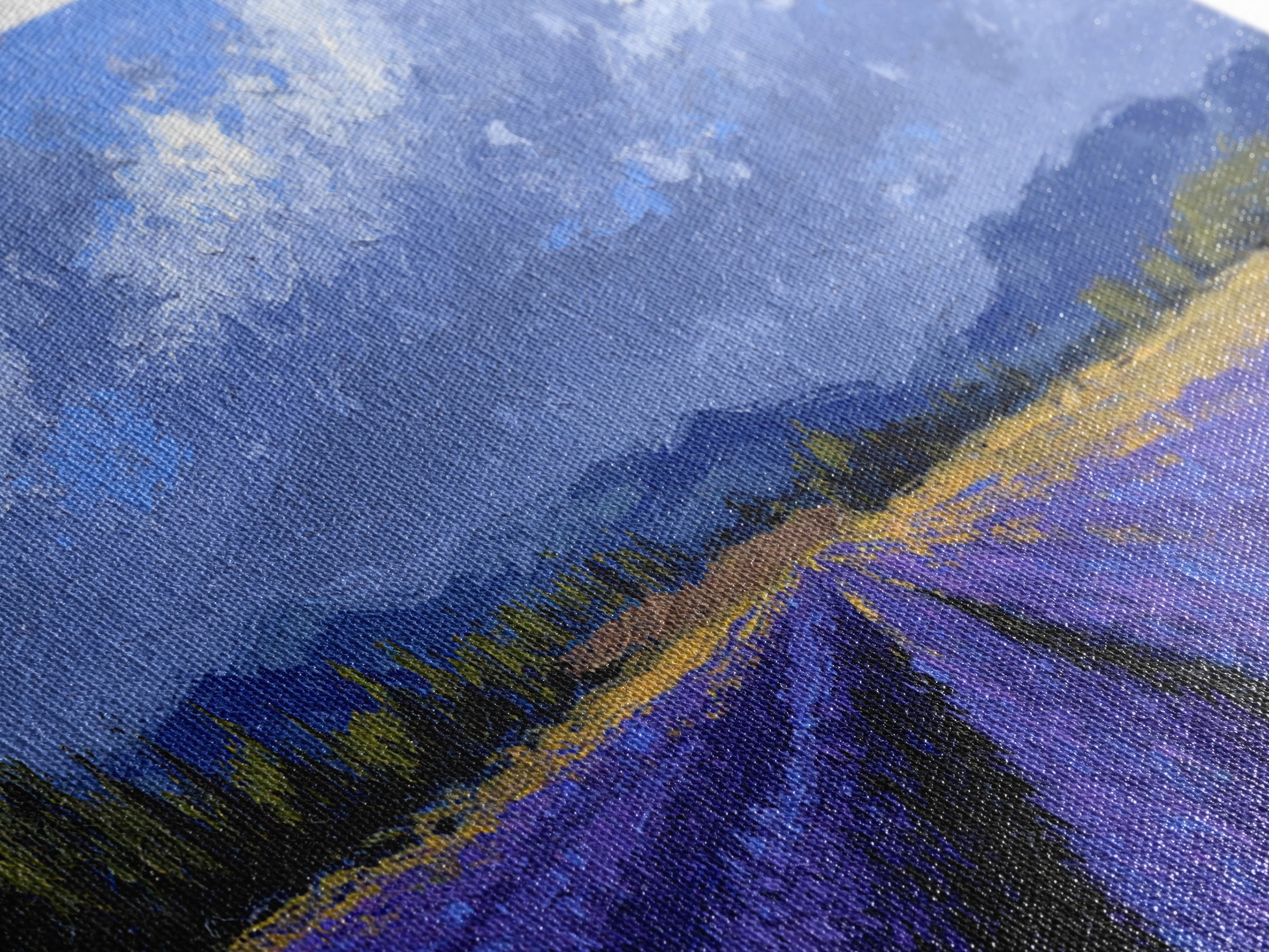 Lavender Field Leading to Distant Hills Framed Canvas Print, Landscape Art, Digital Wall Art, Living Room Decor, Horizon, LAN-3x1-2
