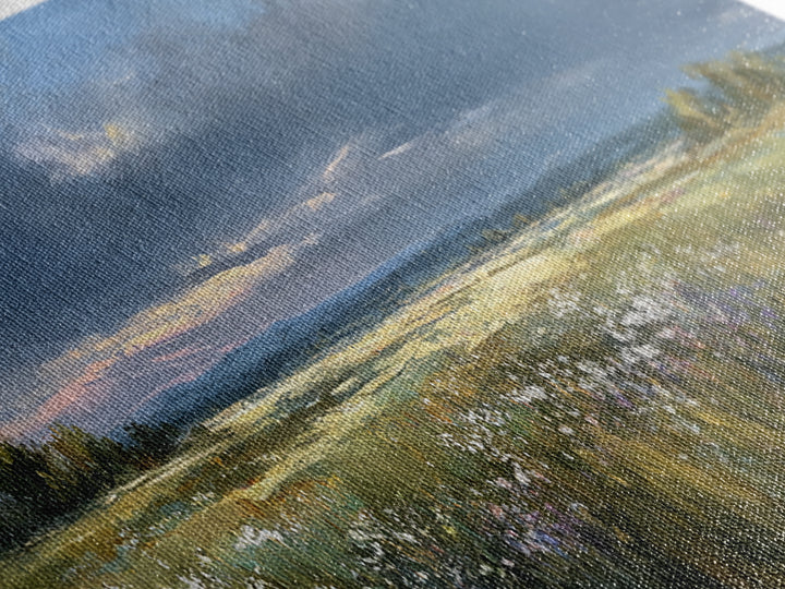 Sunlit Meadow with Wildflowers Framed Canvas Print, Landscape Art, Living Room Wall Art, Living Room Decor, Oil Painting, LAN-3x1-77